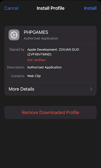select the PHPGAMES profile and proceed with "Install".