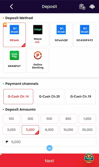 Select the "Deposit" category and choose the GCash e-wallet. Then select a suitable GCash payment method.